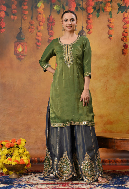 Exquisite Green Sharara Set with Zardozi, Dabka, Cutdana, and Gotta Work