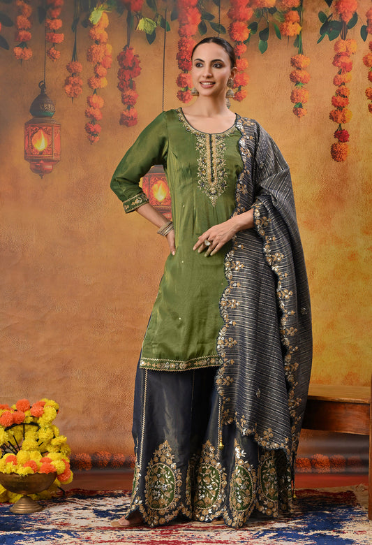 Exquisite Green Sharara Set with Zardozi, Dabka, Cutdana, and Gotta Work