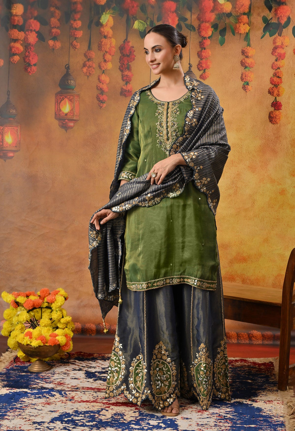 Exquisite Green Sharara Set with Zardozi, Dabka, Cutdana, and Gotta Work