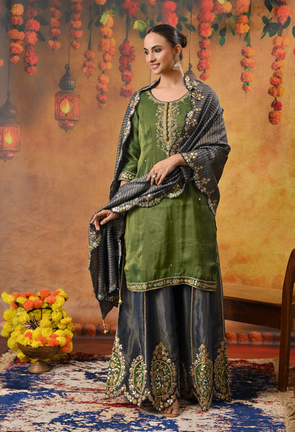 Exquisite Green Sharara Set with Zardozi, Dabka, Cutdana, and Gotta Work