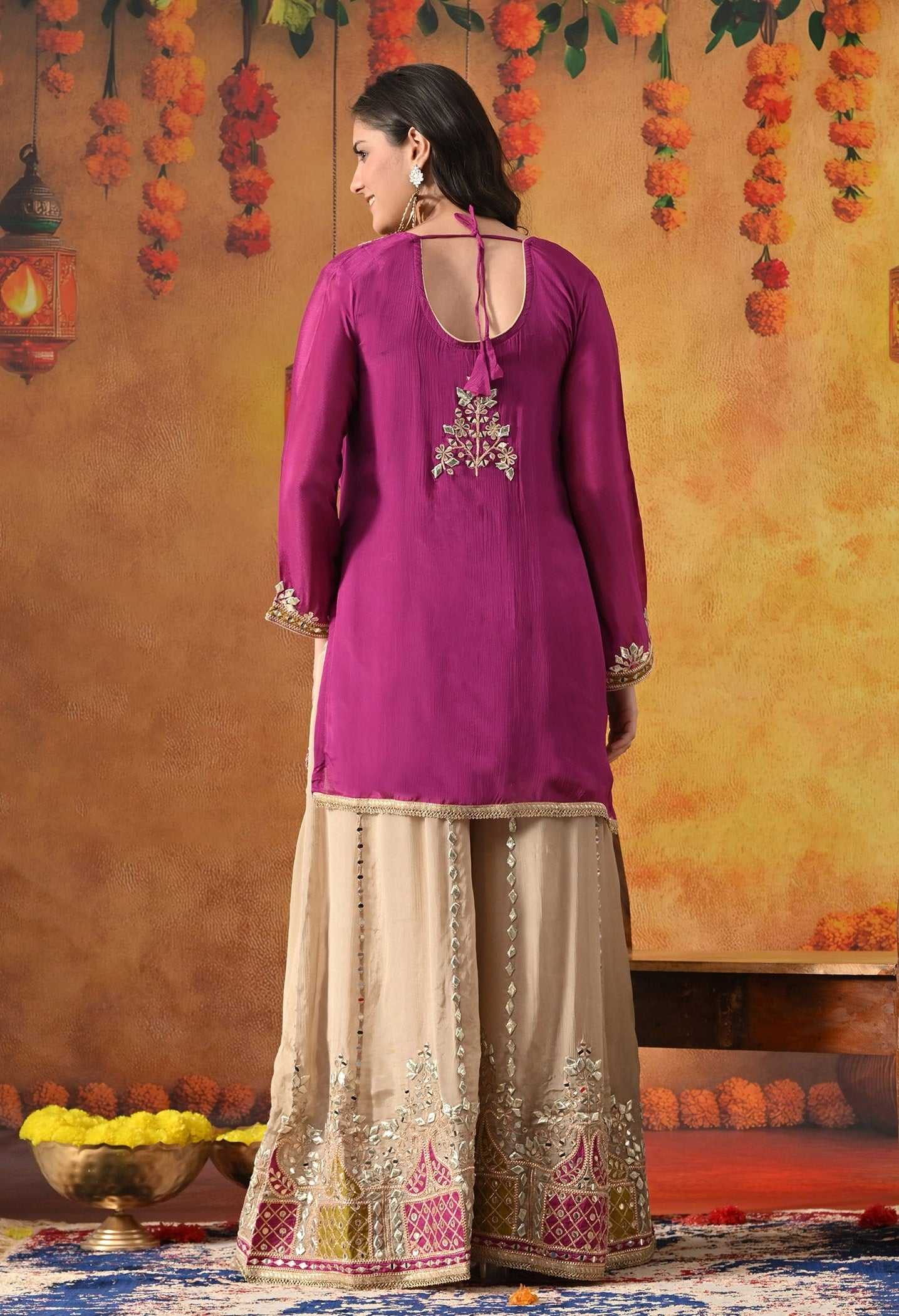 Purple Sharara Set with Gotta, Mirror, Zardozi & Applique Work.