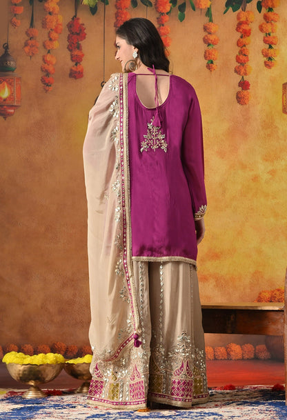 Purple Sharara Set with Gotta, Mirror, Zardozi & Applique Work.