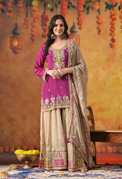 Purple Sharara Set with Gotta, Mirror, Zardozi & Applique Work.