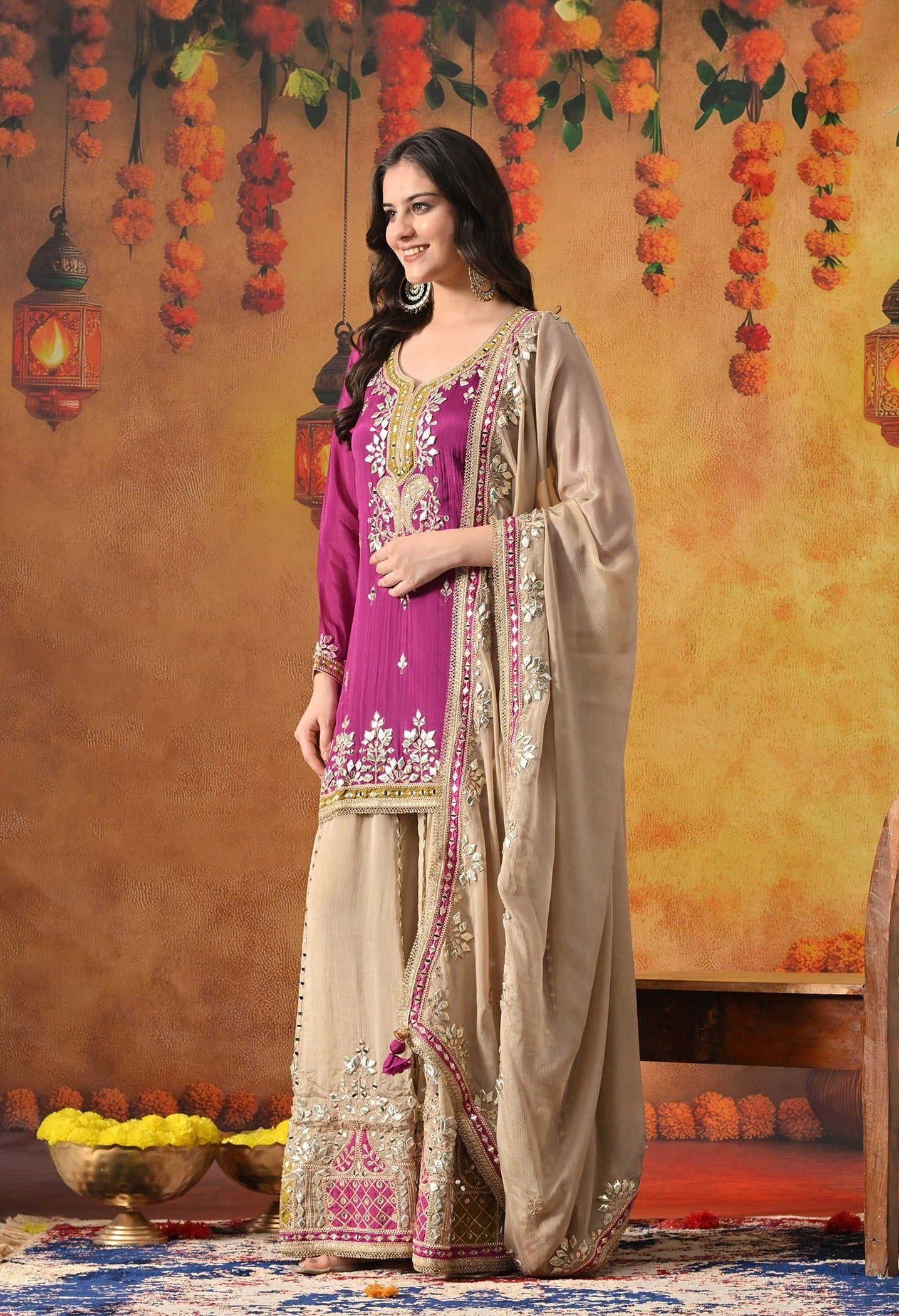 Purple Sharara Set with Gotta, Mirror, Zardozi & Applique Work.