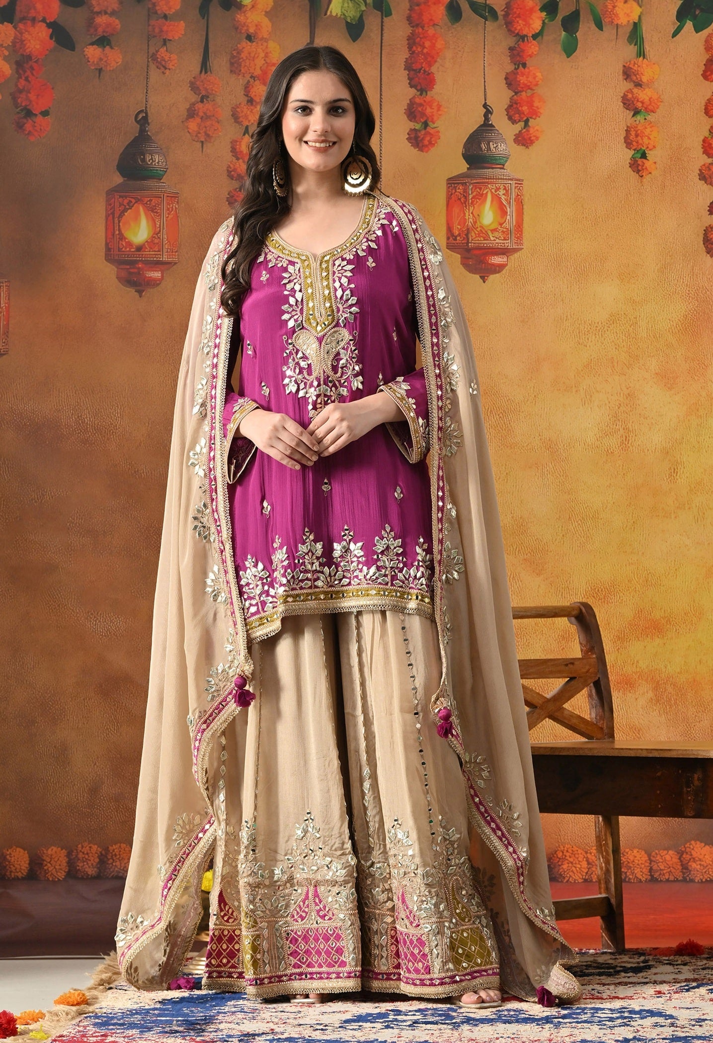 Purple Sharara Set with Gotta, Mirror, Zardozi & Applique Work.