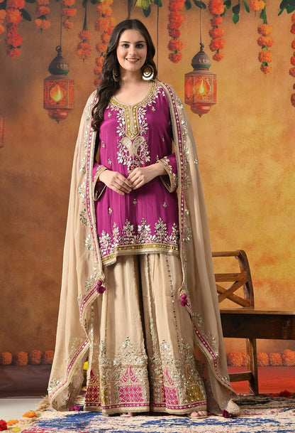 Purple Sharara Set with Gotta, Mirror, Zardozi & Applique Work.