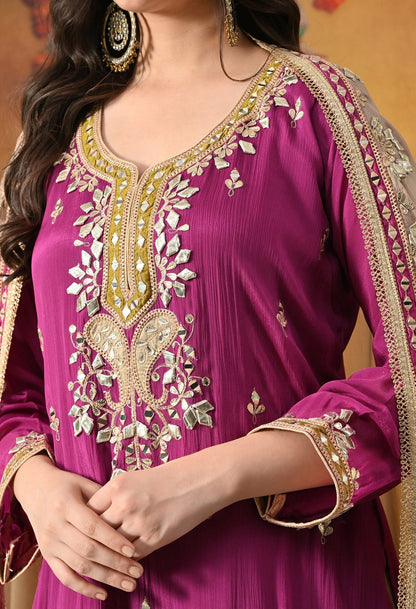 Purple Sharara Set with Gotta, Mirror, Zardozi & Applique Work.