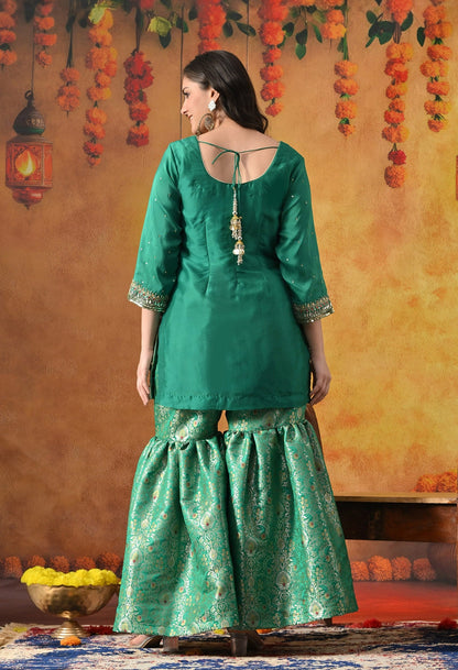 Green Sharara Set with Zardozi, Pearl, Sequin, Cutdana & Mirror Work.