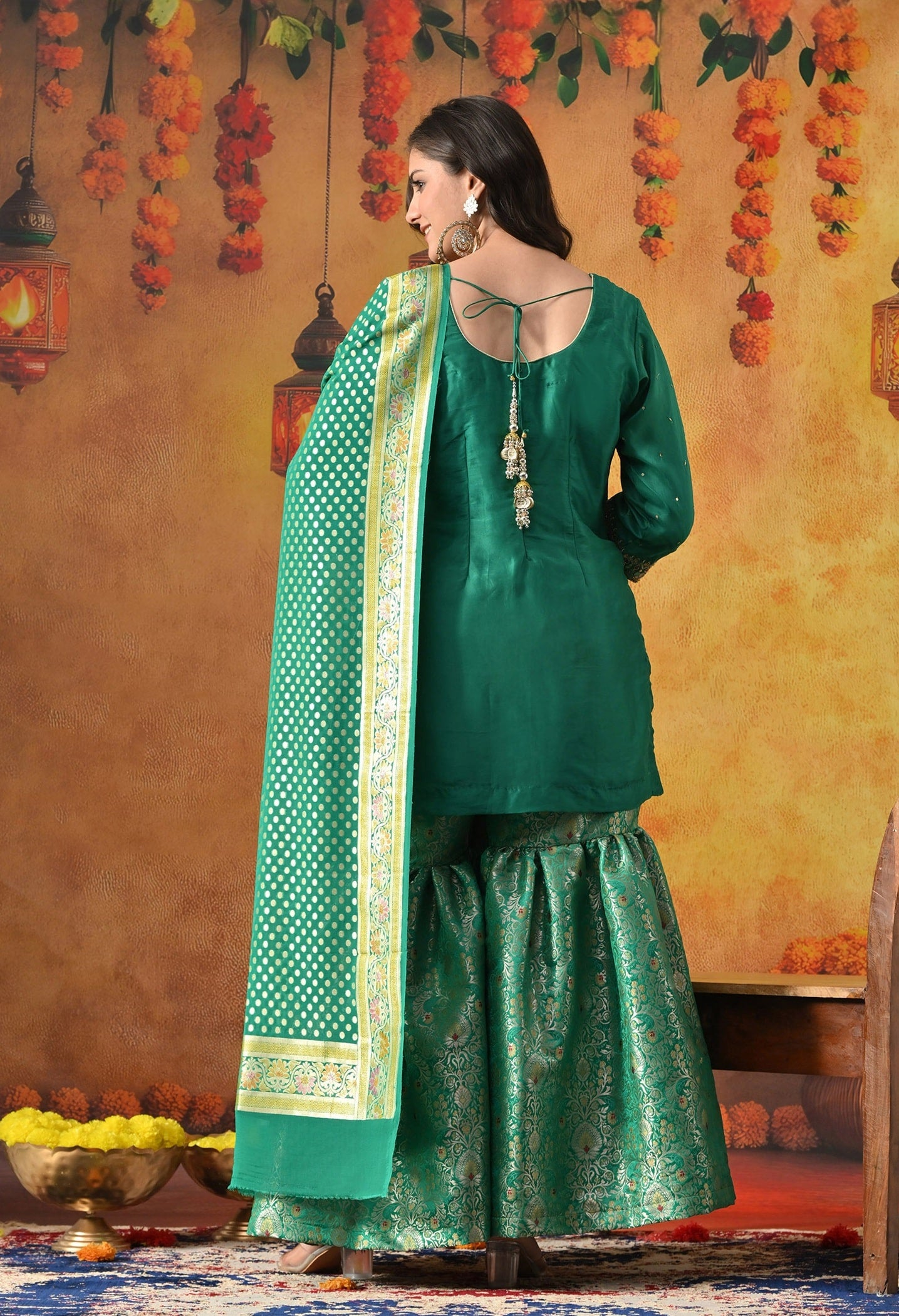 Green Sharara Set with Zardozi, Pearl, Sequin, Cutdana & Mirror Work.