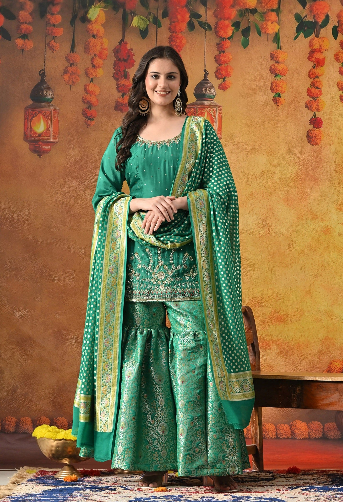 Green Sharara Set with Zardozi, Pearl, Sequin, Cutdana & Mirror Work.