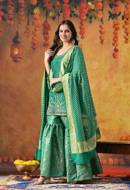 Green Sharara Set with Zardozi, Pearl, Sequin, Cutdana & Mirror Work.