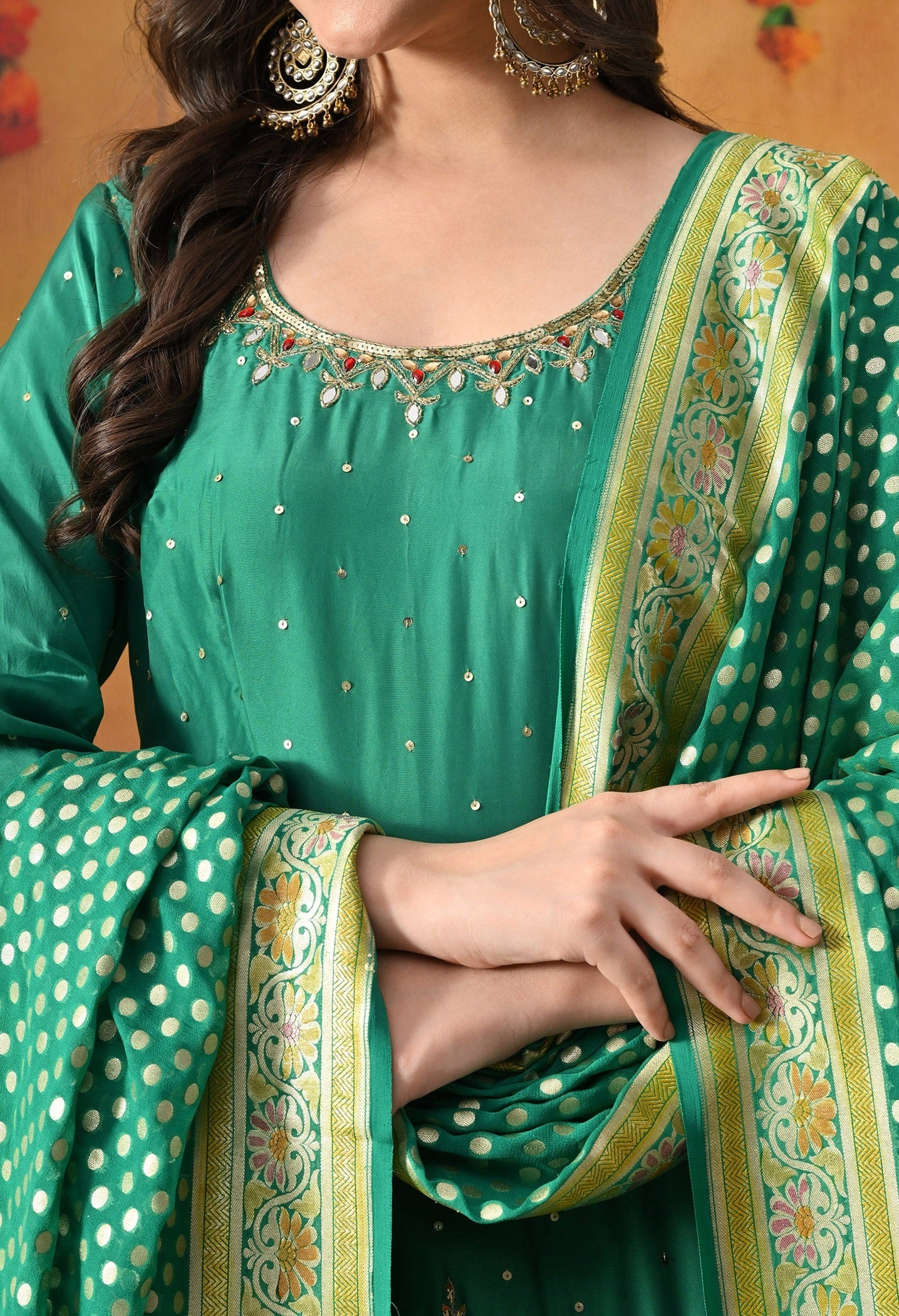 Green Sharara Set with Zardozi, Pearl, Sequin, Cutdana & Mirror Work.