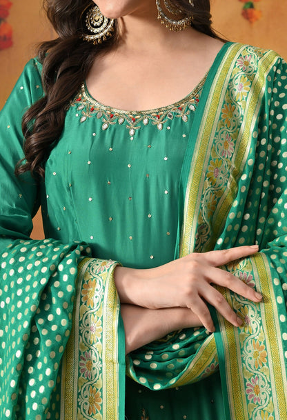 Green Sharara Set with Zardozi, Pearl, Sequin, Cutdana & Mirror Work.