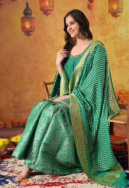 Green Sharara Set with Zardozi, Pearl, Sequin, Cutdana & Mirror Work.