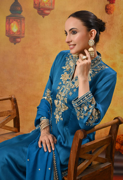 Royal Blue Kurta Set with Zardozi, Dabka, and Sequin Craftsmanship