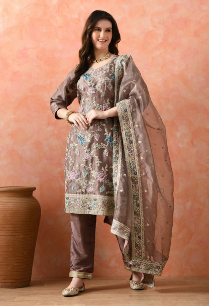 Purple Organza Tissue Thread & Zardozi Kurta Set