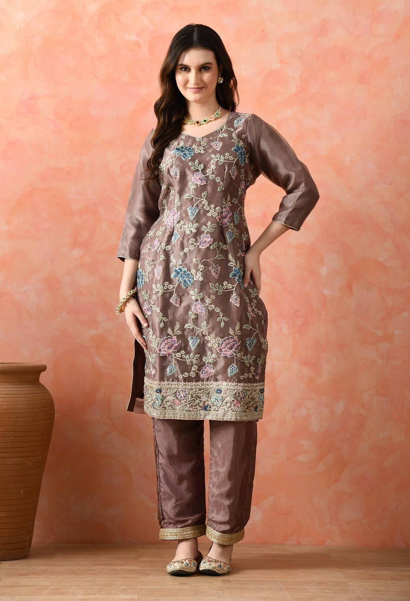 Purple Organza Tissue Thread & Zardozi Kurta Set