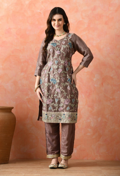 Purple Organza Tissue Thread & Zardozi Kurta Set