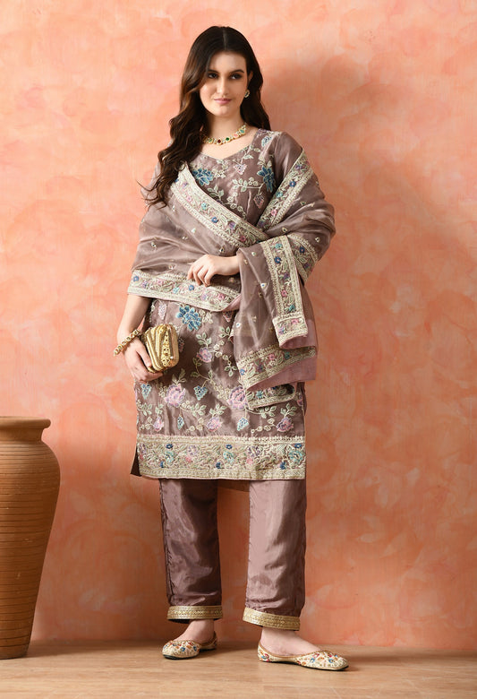 Purple Organza Tissue Thread & Zardozi Kurta Set