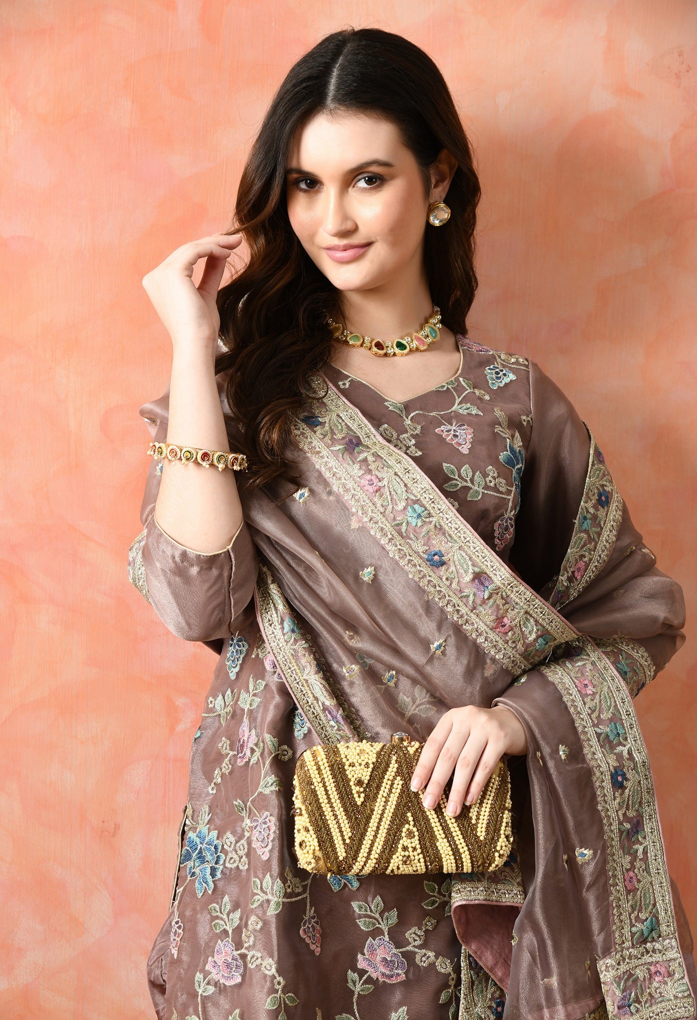 Purple Organza Tissue Thread & Zardozi Kurta Set