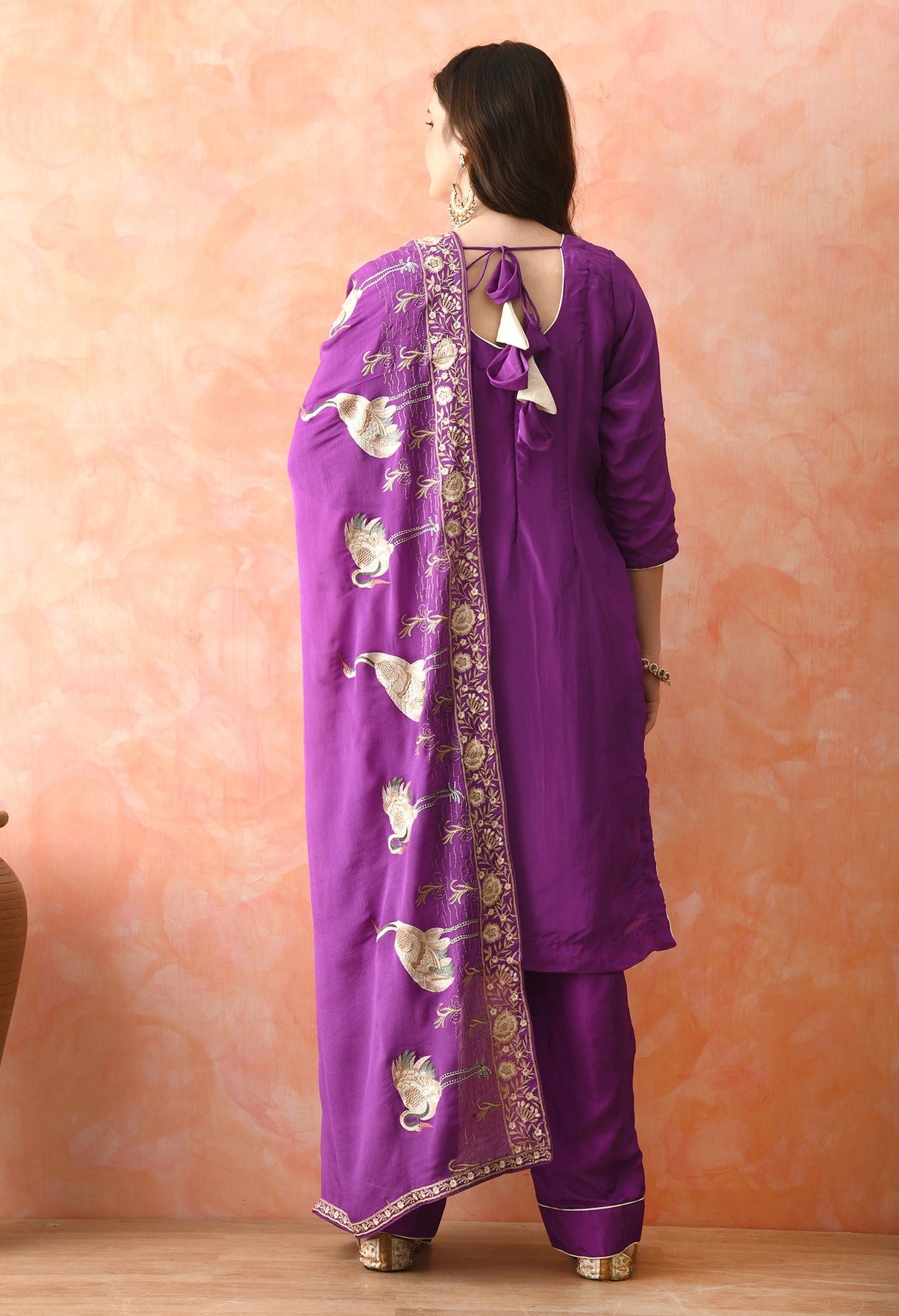 Purple Crepe & Chinon Thread Work Kurta Set
