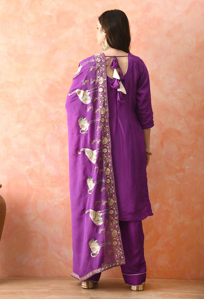 Purple Crepe & Chinon Thread Work Kurta Set