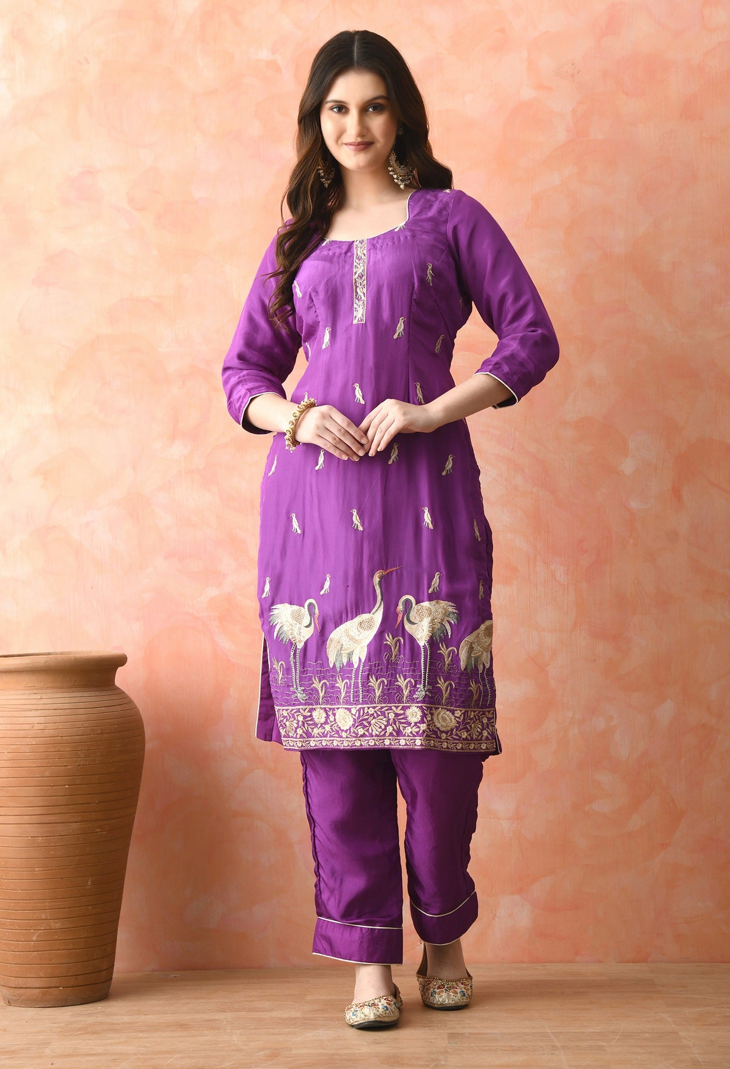Purple Crepe & Chinon Thread Work Kurta Set