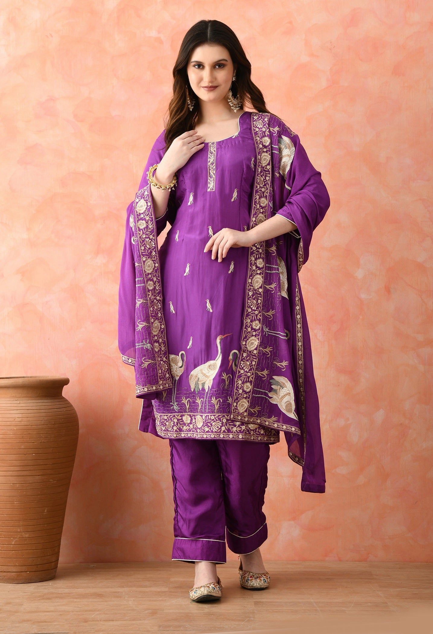 Purple Crepe & Chinon Thread Work Kurta Set