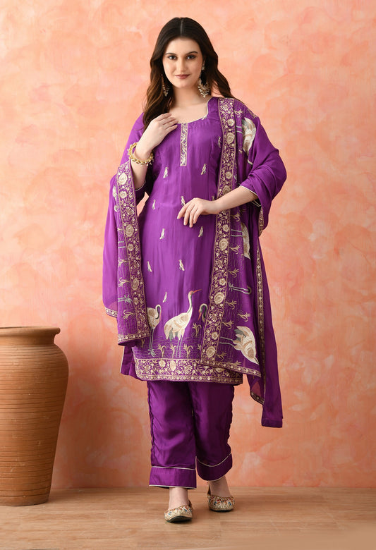 Purple Crepe & Chinon Thread Work Kurta Set