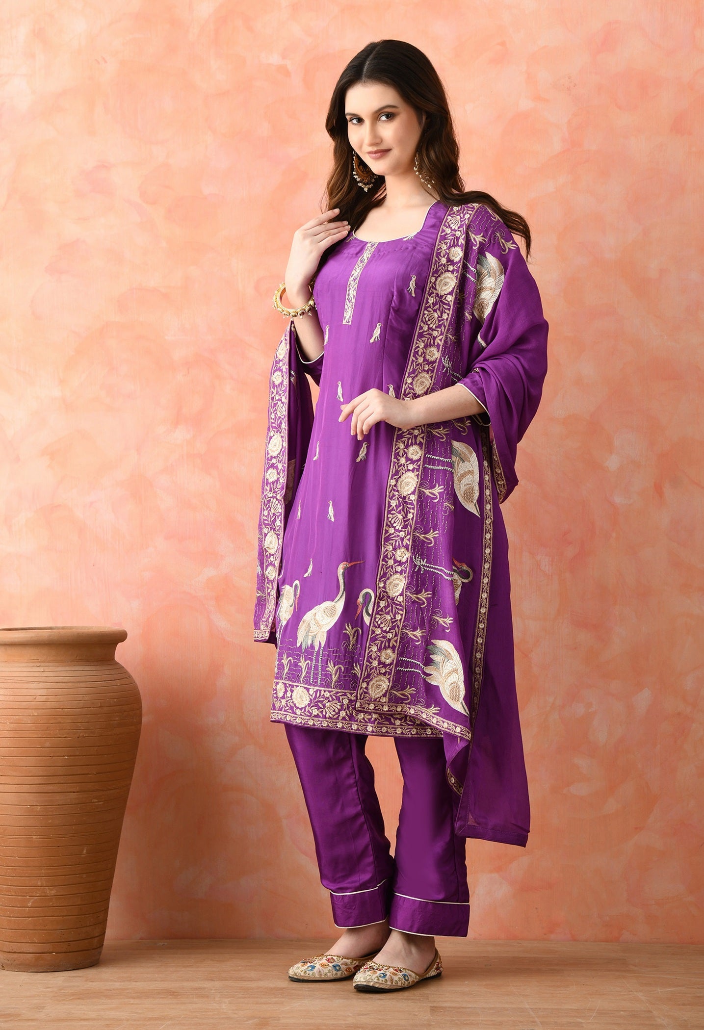 Purple Crepe & Chinon Thread Work Kurta Set