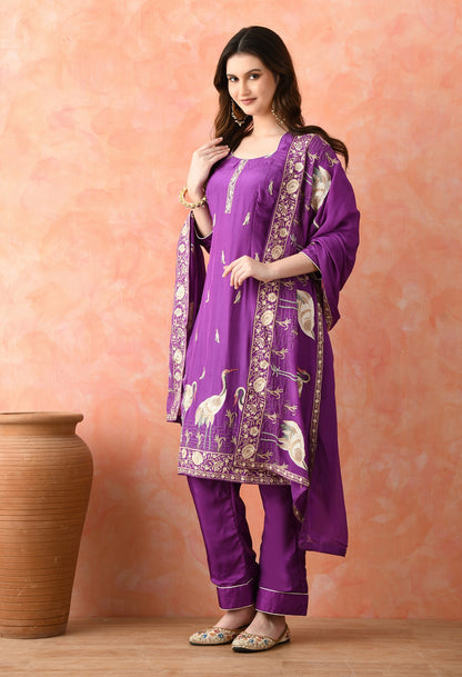 Purple Crepe & Chinon Thread Work Kurta Set