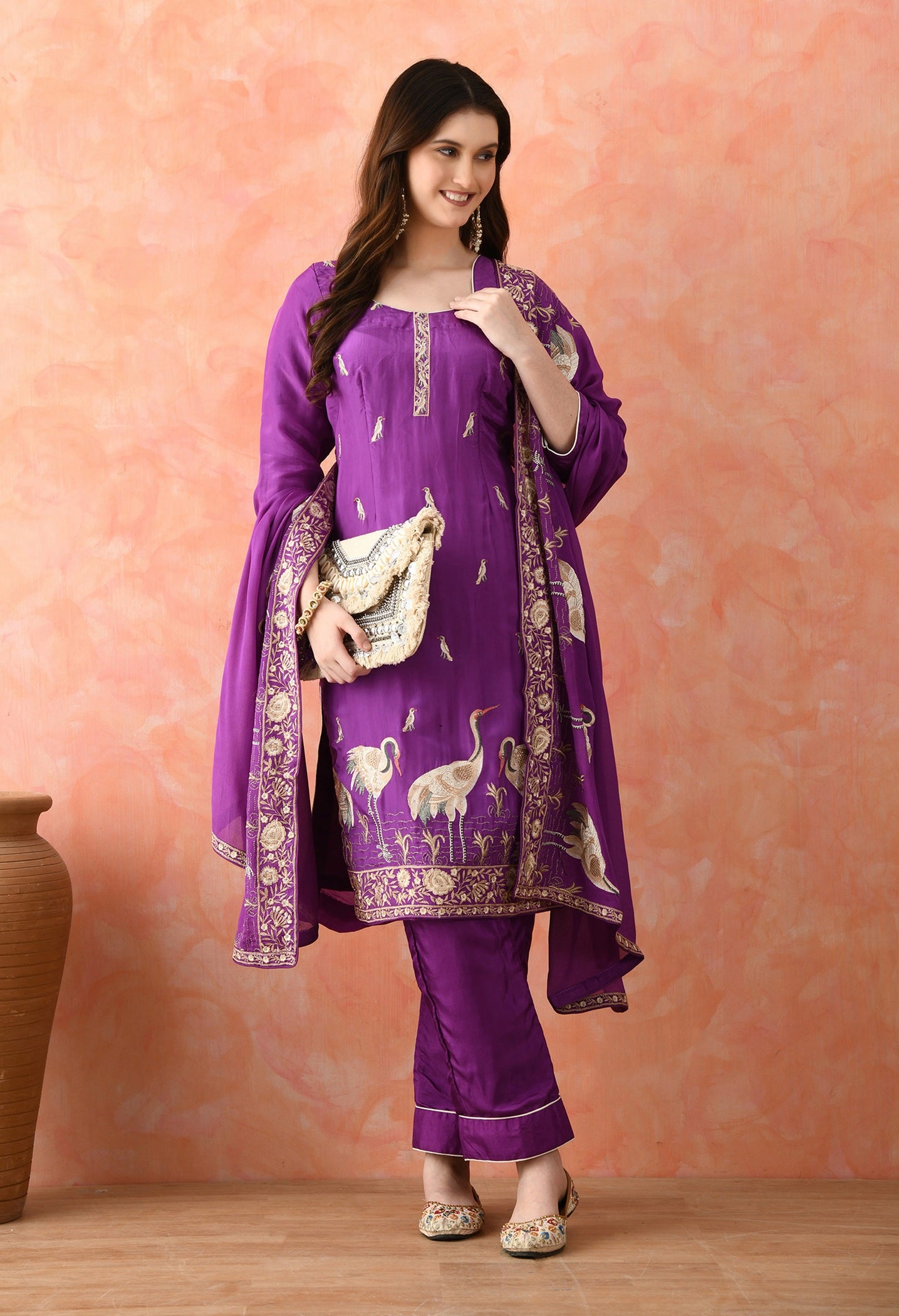 Purple Crepe & Chinon Thread Work Kurta Set