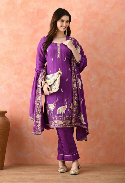 Purple Crepe & Chinon Thread Work Kurta Set