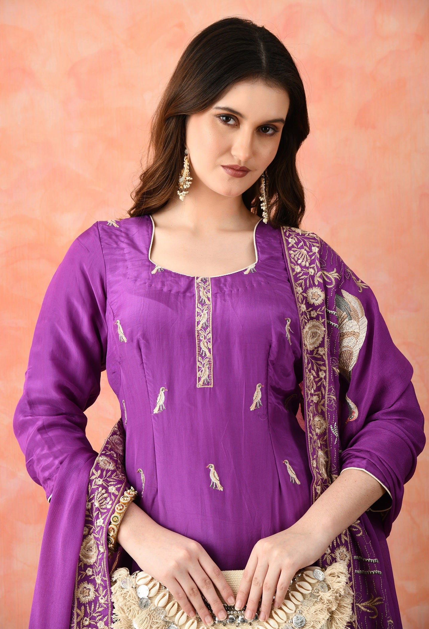 Purple Crepe & Chinon Thread Work Kurta Set