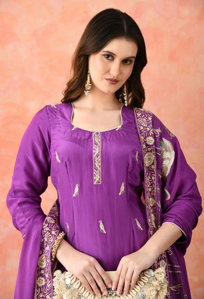 Purple Crepe & Chinon Thread Work Kurta Set