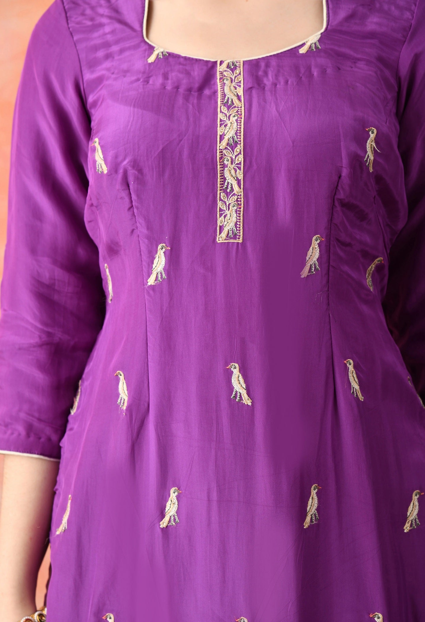 Purple Crepe & Chinon Thread Work Kurta Set