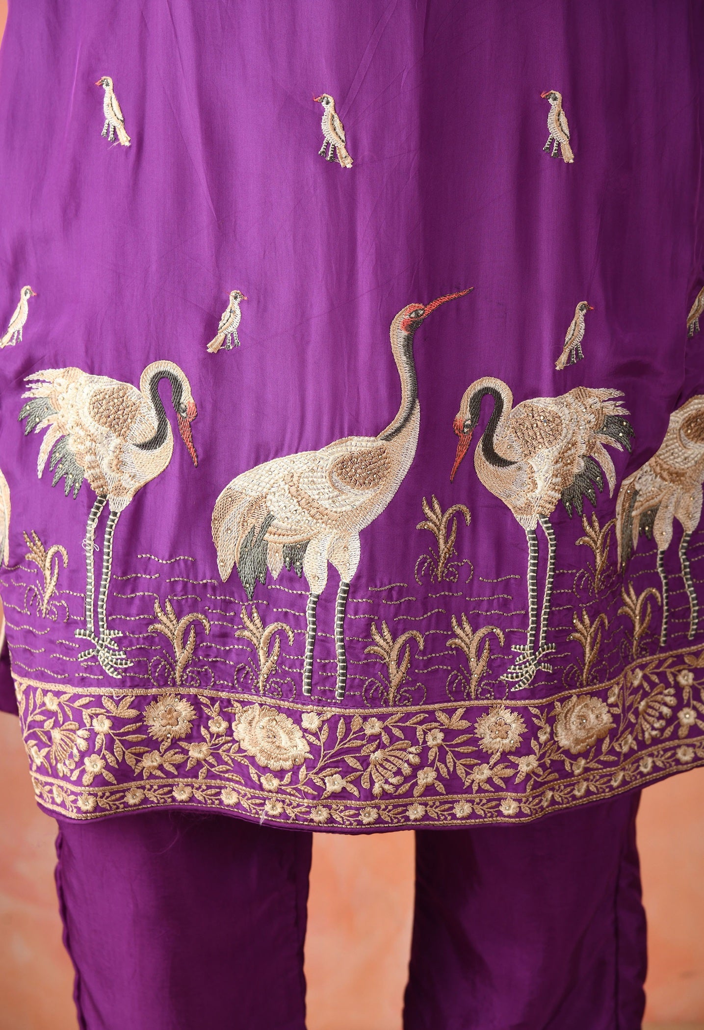 Purple Crepe & Chinon Thread Work Kurta Set