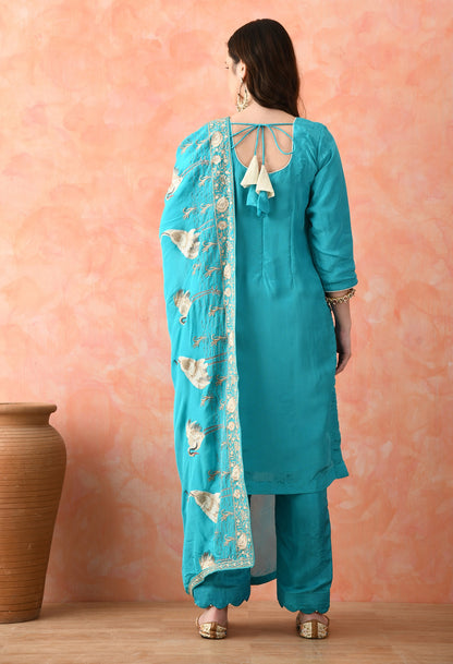 Blue Crepe & Chinon Thread Work Kurta Set
