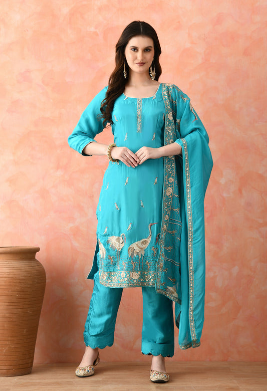 Blue Crepe & Chinon Thread Work Kurta Set