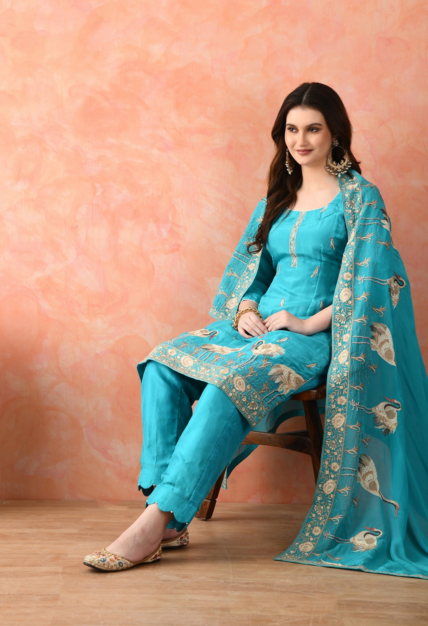Blue Crepe & Chinon Thread Work Kurta Set