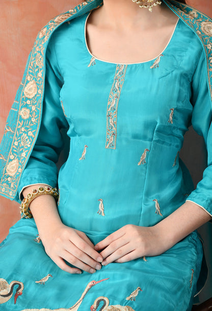 Blue Crepe & Chinon Thread Work Kurta Set