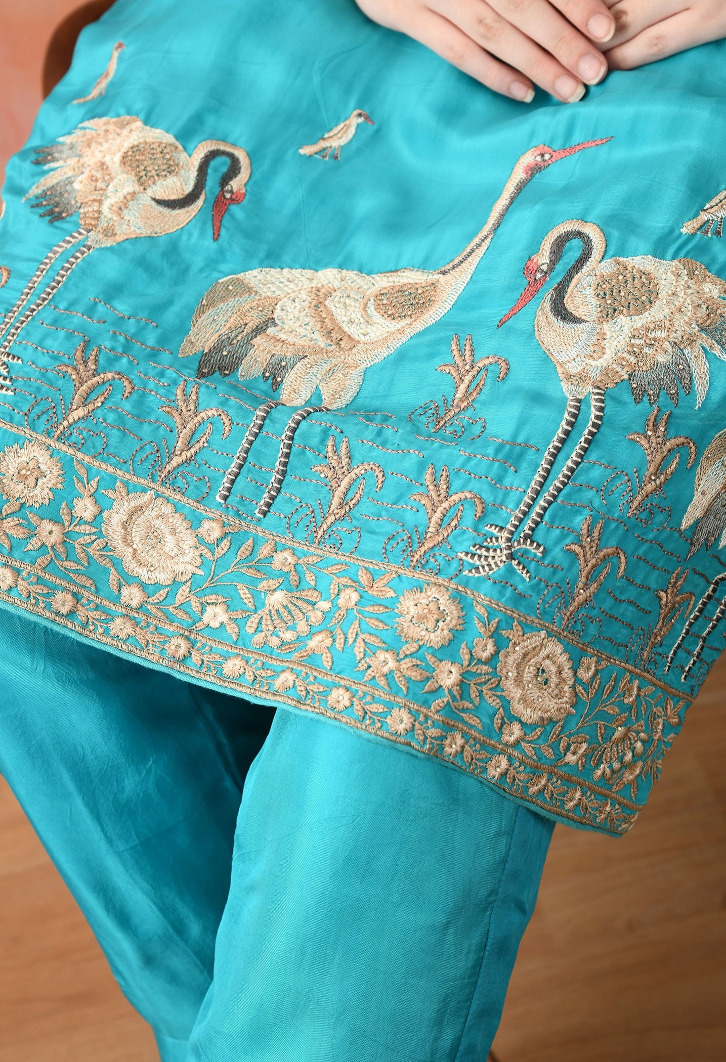 Blue Crepe & Chinon Thread Work Kurta Set