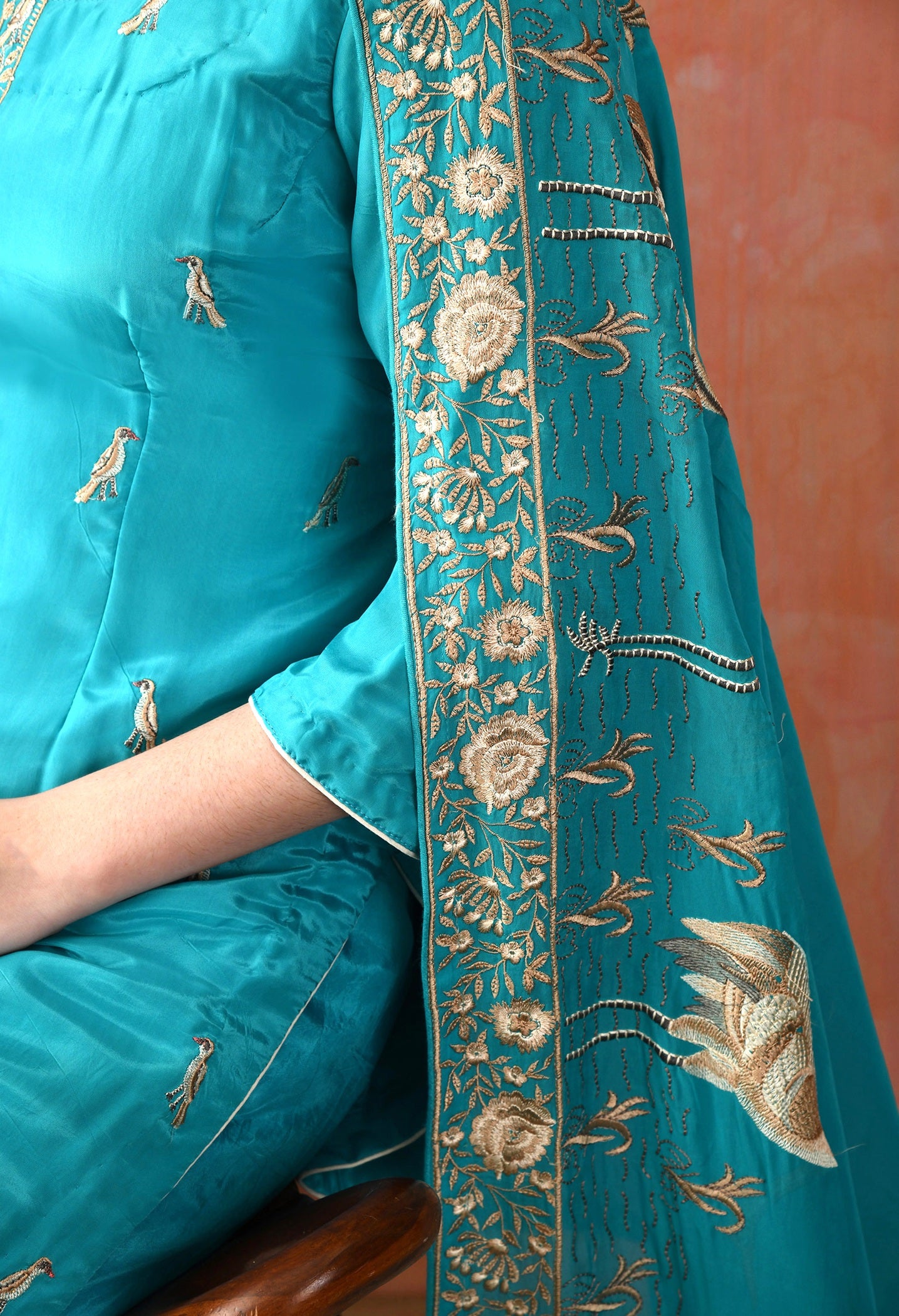Blue Crepe & Chinon Thread Work Kurta Set