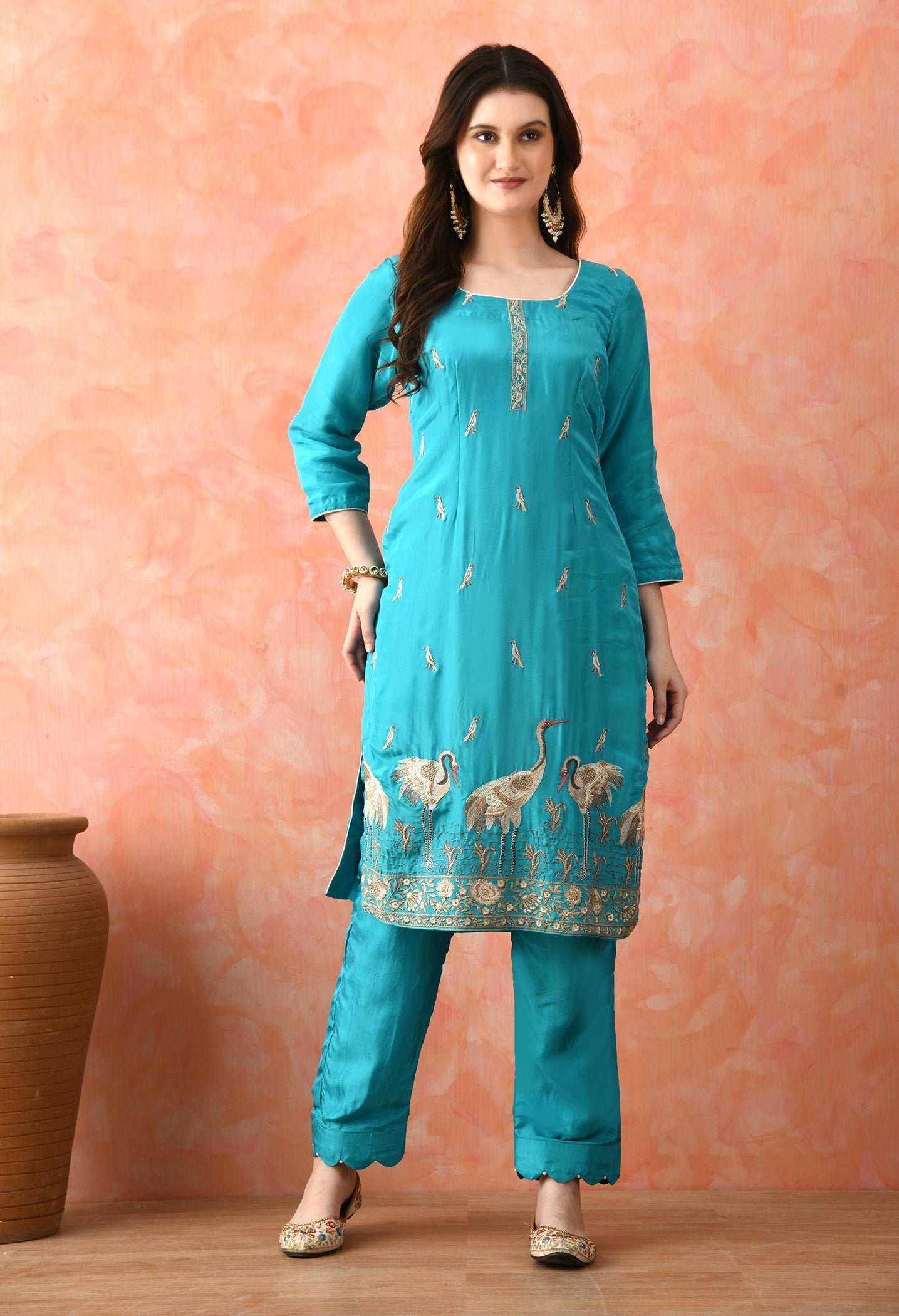 Blue Crepe & Chinon Thread Work Kurta Set