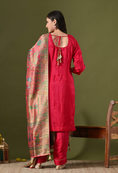 Hot Pink Crepe & Banarasi Silk Thread–Zardozi Kurta Set