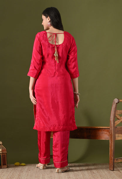 Hot Pink Crepe & Banarasi Silk Thread–Zardozi Kurta Set