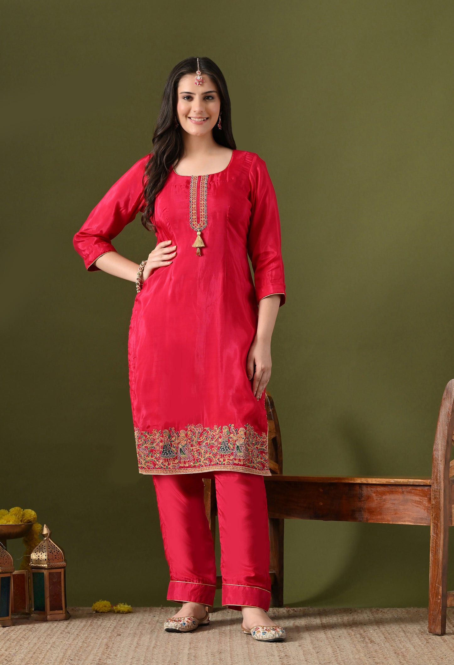 Hot Pink Crepe & Banarasi Silk Thread–Zardozi Kurta Set