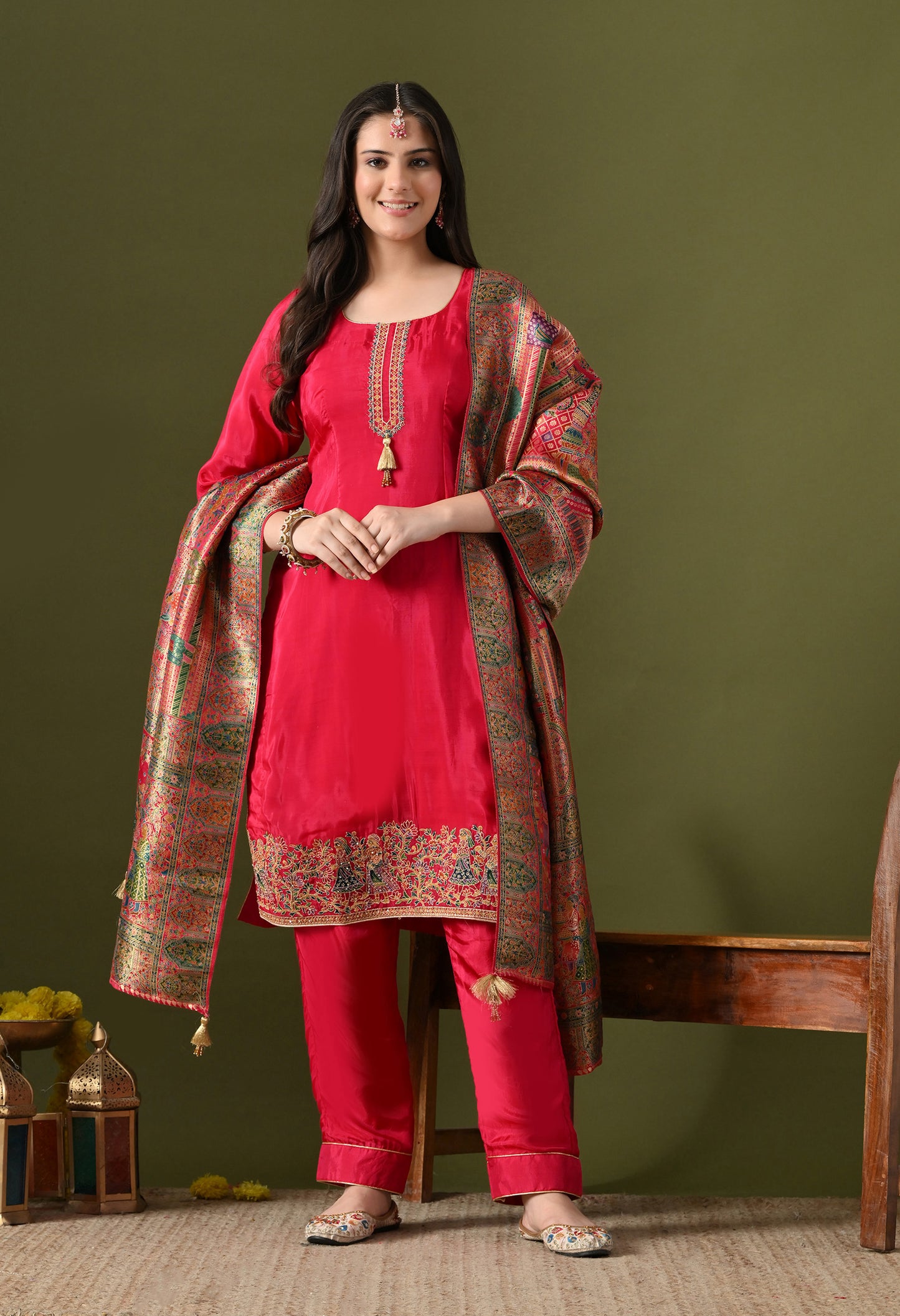 Hot Pink Crepe & Banarasi Silk Thread–Zardozi Kurta Set