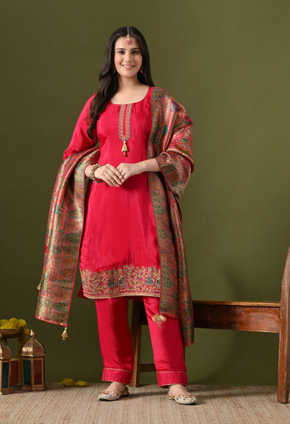 Hot Pink Crepe & Banarasi Silk Thread–Zardozi Kurta Set