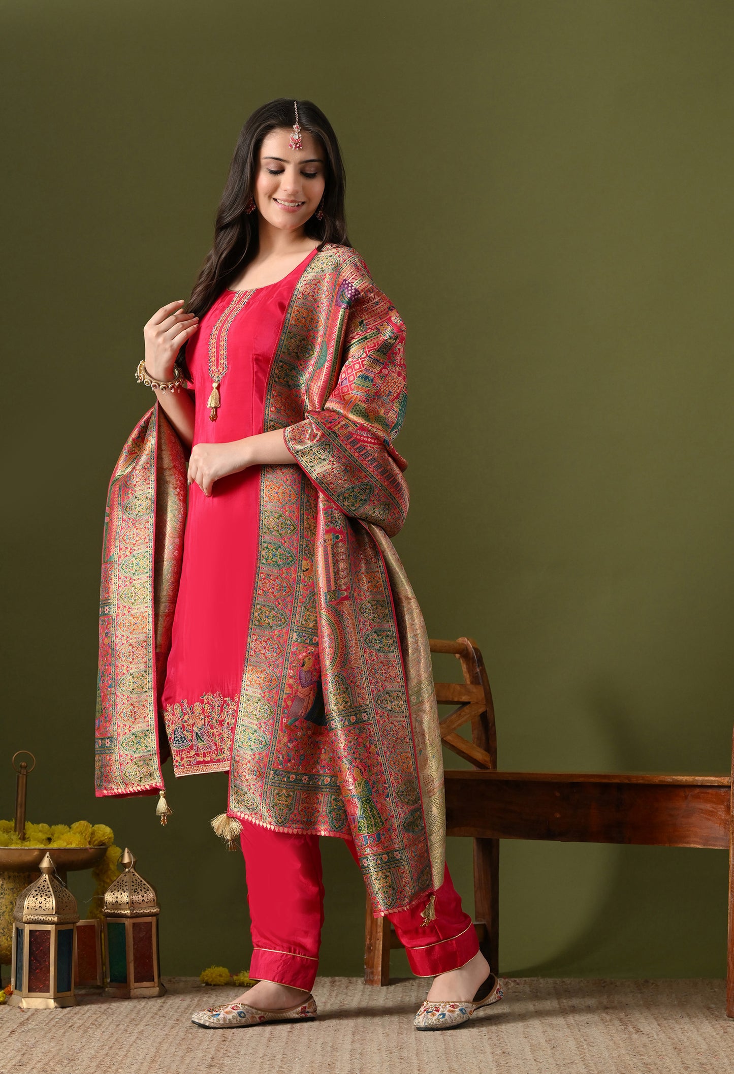 Hot Pink Crepe & Banarasi Silk Thread–Zardozi Kurta Set